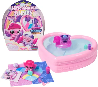 Set de joacă Hatchimals Alive - Neon Rainbow Bestie Pool Party, cu 14 accesorii