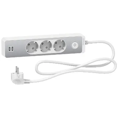 Prelungitor Unica 2P+E, 3 premii + 2 USB + intrerupator, 3m, alb/aluminiu