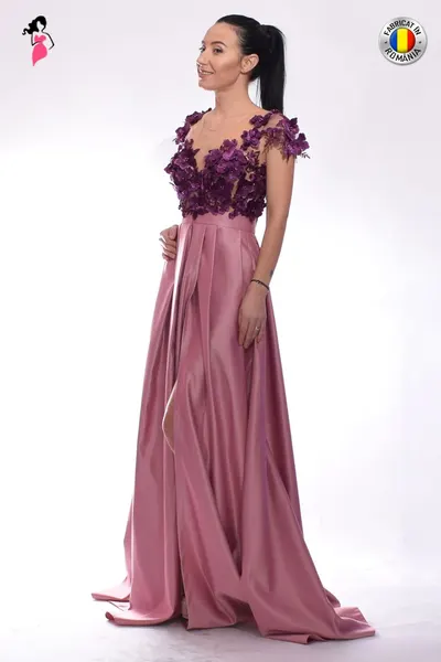 Rochie de seara lunga din tafta cu flori 3D