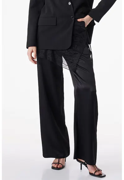 Pantaloni de satin cu detalii de dantela - Negru