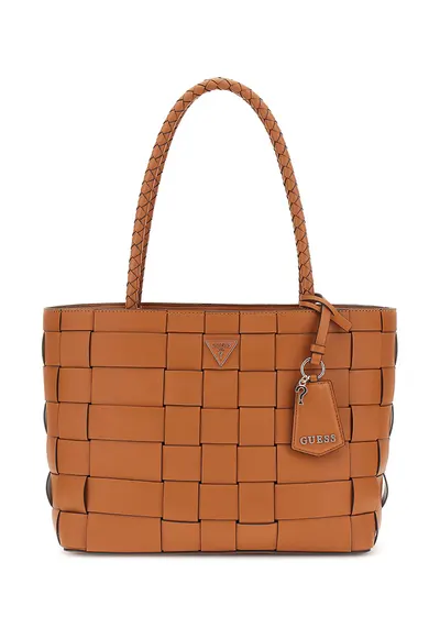 Geanta shopper din piele ecologica cu accesoriu logo - Maro scortisoara