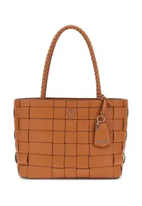Geanta shopper din piele ecologica cu accesoriu logo - Maro scortisoara