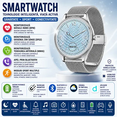 SmartWatch cu Apel Bluetooth, Ritm Cardiac, Tensiune Arteriala, Nivel Oxigen, Calorii, Pasi, Distanta, Vreme, Somn, Calculator S814