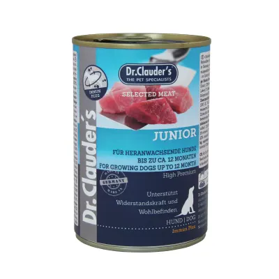 DR. CLAUDER'S Selected Meat Junior, XS-XL, Vită și Pasăre, conservă hrană umedă fără cereale câini junior, (în suc propriu), 400g