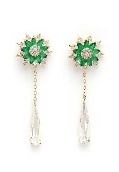 Cercei drop cu design floral - Verde/Auriu