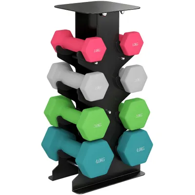 SPORTNOW Set de Ganterele Hexagonale cu Suport, Ganterele Antialunecare pentru Antrenament Forță Acasă, 2 x 1kg, 2 x 2kg, 2 x 3kg, 2 x 4kg | Aosom Romania