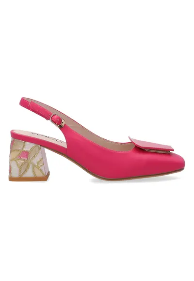 Pantofi slingback din piele uni cu toc masiv