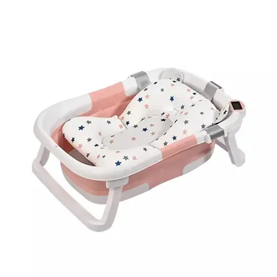 Cadita bebelusi ultrapliabila Little Mom Pink, cu pernuta moale plutitoare, termometru incorporat, display digital, cu dop pentru evacuarea apei, suport cap de dus, antiderapant, material Non-Toxic