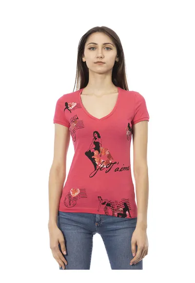 Tricou cu decolteu in V si imprimeu grafic - Rosu deschis