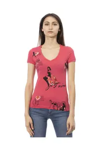 Tricou cu decolteu in V si imprimeu grafic - Rosu deschis