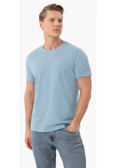 Tricou barbati din bumbac - decolteu la baza gatului - uni - Regular Fit - T-Basic - albstru deschis - Albastru deschis