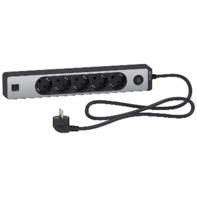 Prelungitor Unica 2P+E, 5 premii + 2 USB + intrerupator 1.5m, antracit/aluminiu