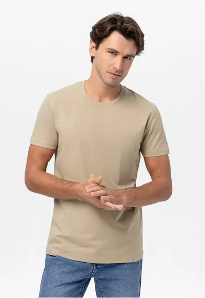 Tricou barbati din bumbac - T-Basic - Regular Fit - bej melange - Bej melange