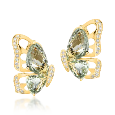 Cercei fluture din aur galben cu ametiste verzi de 7.7ct si diamante de 0.28ct