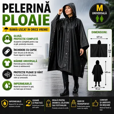 Pelerina de Ploaie Impermeabila , Lungime 110 cm, Confectionata din Material EVA, Prindere cu Capse, Gluga cu snur, Ideal pentru Camping, Drumetii, Pescuit