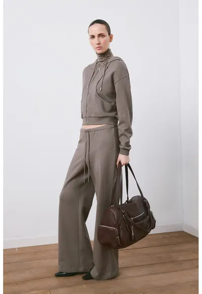 Pantaloni de bumbac cu snur in talie - Maro taupe