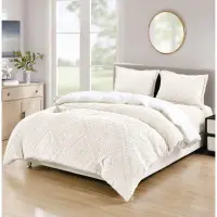 Lenjerie de Pat Dublu, CoCoLiNo Ultra Pufoasa, cu Blanita Sherpa Alba, 4 piese, Cearsaf cu ELASTIC, Model Traditional 3D, Ivoire