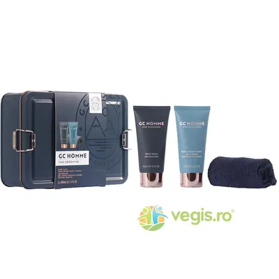 Set Cadou On the Go GC Homme Fine Grooming Gel de Dus 100ml + Sampon pentru Par si Barba 100ml + Prosop Reutilizabil 1buc + Cutie Metalica Reutilizabila cu Inchidere 1buc