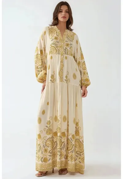 Rochie maxi - decolteu in V - material textil - Galben lamaie - Galben lamaie