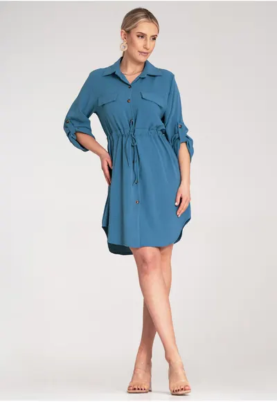 Rochie tip camasa - albastra - poliester - maneci reglabile