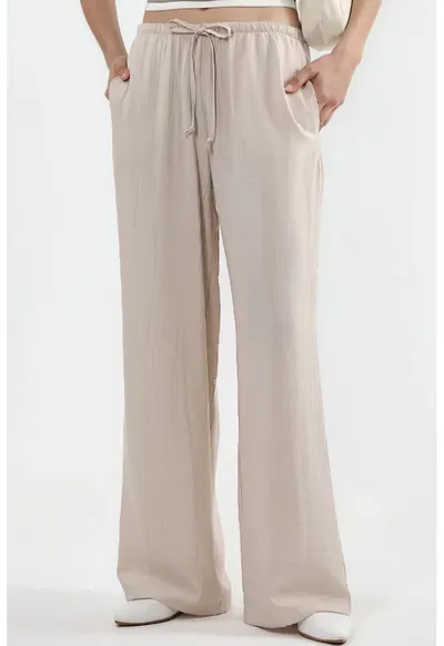 Pantaloni dama - picior larg - piatra naturala - poliester - croiala ampla