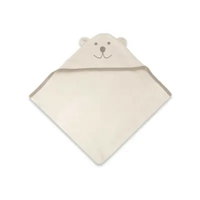 Prosop cu gluga Qmini Teddy Bear Beige, cu broderie si urechi, 100x100 cm, din tricot termo-terry din bambus