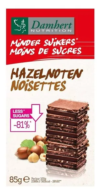 Ciocolată cu lapte și alune, fără zahăr, 85 g, Damhert