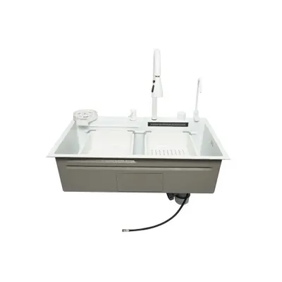 Chiuveta bucatarie otel inoxidabil cu doua baterii, functie cascada, spalator pahare, dozator sapun, scurgator, tava, tocator si accesorii scurgere incluse, 75x46x23.5cm Cod: DISPK13