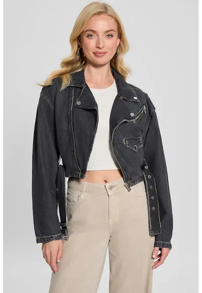 Jacheta crop biker din denim - Gri antracit