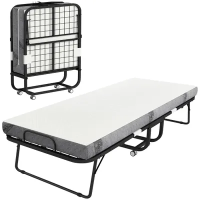 HOMCOM Pat pliant de oaspeți cu roți Oțel+Spumă Alb+Negru 200 x 80 x 42,5 cm | Aosom Romania