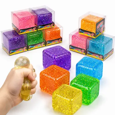 Cub Antistres, Glitter Ice Cube 4x4cm, Jucărie Senzorială Squishy din Gel Elastic, cu Textură Crystal Stretch & Squeeze