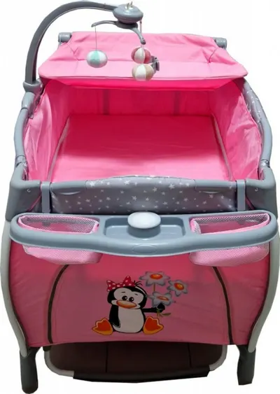 Patut pentru copii Baby Care PRO FRW Roz Pliabil, cu Balansoar, 2 Nivele de inaltime, Melodii, Masa infasat, Carusel cu jucarii din plus, Plasa insecte