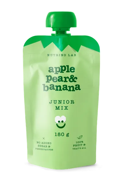 Piure pasteurizat din fructe cu mere pere si banane Junior Mix, 180g, Nutrino Lab