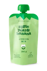 Piure pasteurizat din fructe cu mere pere si banane Junior Mix, 180g, Nutrino Lab
