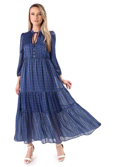 Rochie lunga cu volane din voal cu fir de lurex RWE-WAB - Bleumarin