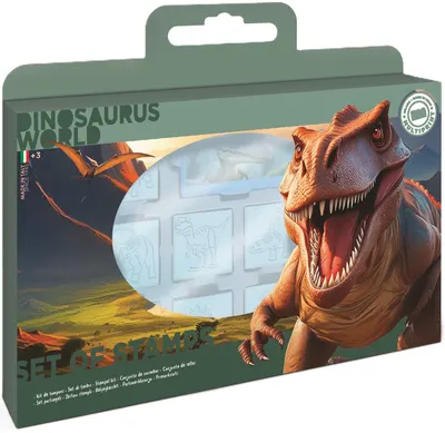 Set de ștampile Multiprint Dinosaurs World - 7 buc.,cu 3 carioci