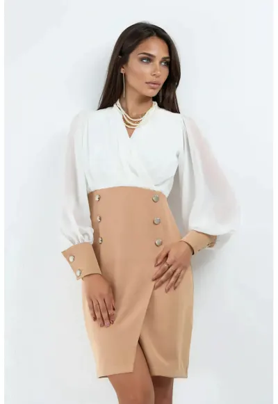 Rochie midi - eleganta - decolteu in V - poliester-lycra - Maro