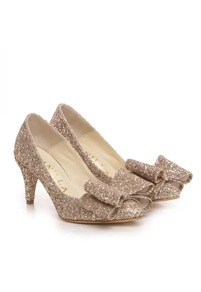 Pantofi Stiletto cu toc mic - sclipici auriu