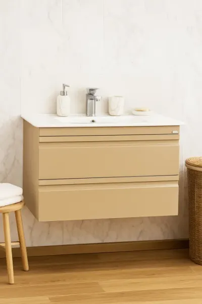 Set Baza front MDF si Lavoar seria 086, suspendata, cu sertare, montat, 80 cm, cappuccino