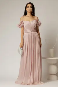 Rochie lunga de ocazie roz prafuit din voal peliculizat cu aplicatii florale 3D