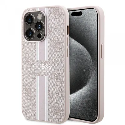 Husa MagSafe pentru Apple iPhone 15 Pro, Guess, 4G Printed Stripes, Roz