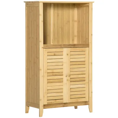 HOMCOM Dulap de baie, dulap baie, raft independent cu 2 uși oblon, raft deschis, bambus, dulap de depozitare pentru baie, living 50 x 25,5 x 92cm Natural | Aosom Romania