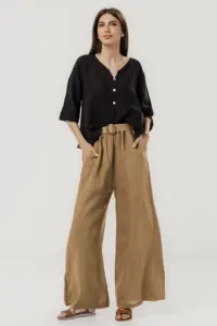 Pantaloni largi de vara, din in cu croi lejer si curea din sfoara, camel
