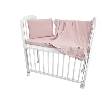 Lenjerie patut cu 3 piese, Qmini, Aurora, Pentru co-sleeper, Din muselina dubla, Material certificat Oeko Tex Standard 100, Powder Pink