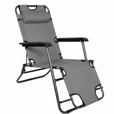Sezlong pliabil tip scaun, pentru camping sau plaja, cotiere PVC, tetiera detasabila, 153x60x79 cm