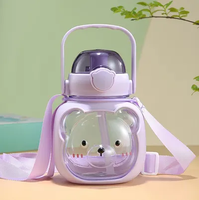 Termos Pentru Copii, cu Pai, Bareta si Maner, Model Urs, Mov, Plastic, 500ml, MIX15047