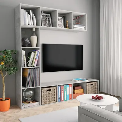 vidaXL Set bibliotecă/comodă TV, 3 piese, gri beton, 180x30x180 cm