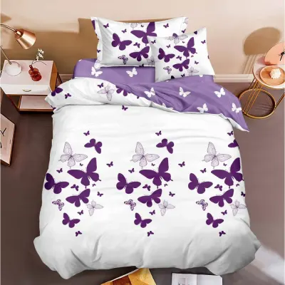 (OFERTA TRIO) Lenjerie pat 1 PERSOANA, FINET, 4 piese, cu ELASTIC, Mov, fluturi