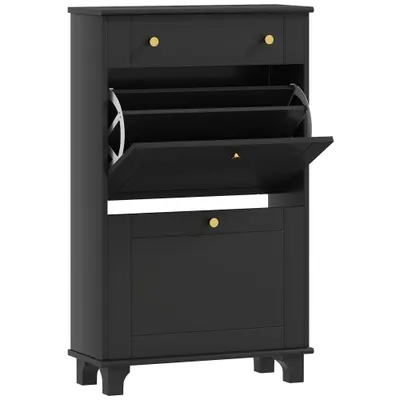 HOMCOM Dulap pentru pantofi îngust cu sertare cu uși basculante și raft reglabil, 60 x 23,5 x 98,5 cm, negru | Aosom Romania