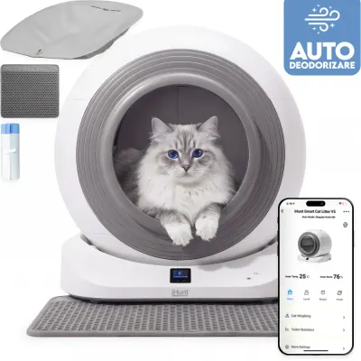 Litiera Automata iHunt Smart Cat Litter V5, Autocuratare Inteligenta, Sistem Deodorizare, Wi-Fi, Aplicatie Smart, Senzori de Siguranta, Recipient Colectare 9L, Pentru Pisici de Toate Dimensiunile
